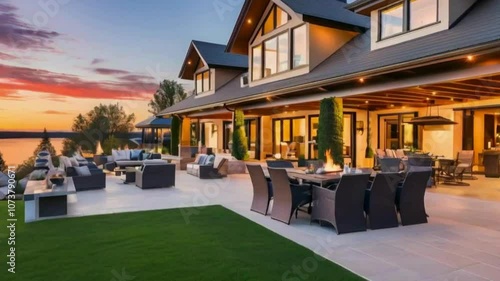 Luxurious Outdoor Patio of Modern Home Overlooking Lake at Sunset