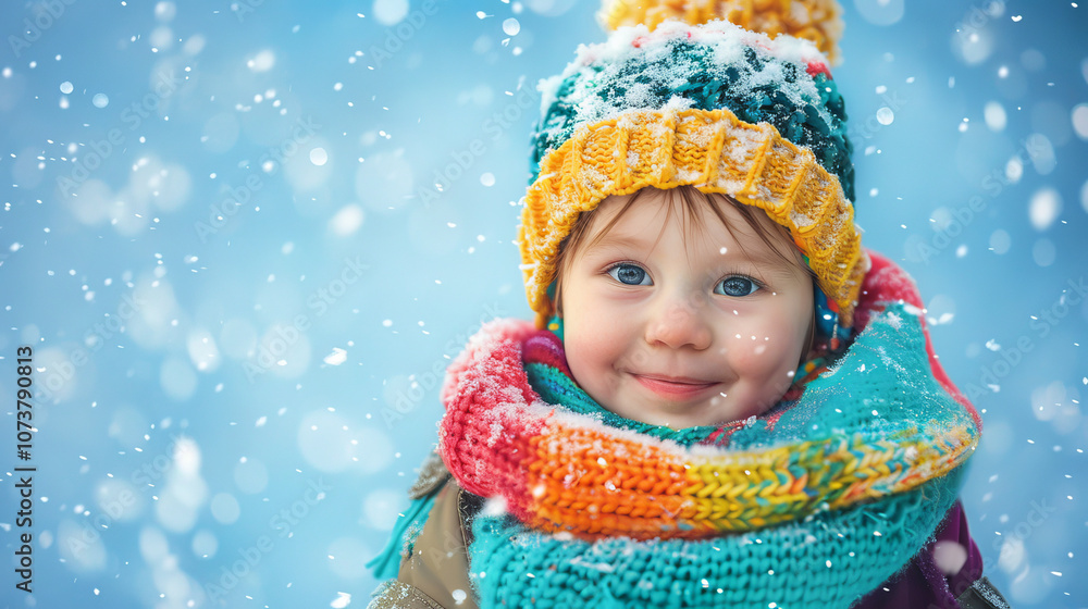Smiling Child Girl in Warm Winter Hat and Scarf Enjoying Snowfall. Concept of Childhood Joy, Winter Fashion, Seasonal Fun, Outdoor Adventure. Copy space Smiling Child Girl in Warm Winter Hat and Scarf Enjoying Snowfall. Concept of Childhood Joy, Winter Fashion, Seasonal Fun, Outdoor Adventure. Copy space