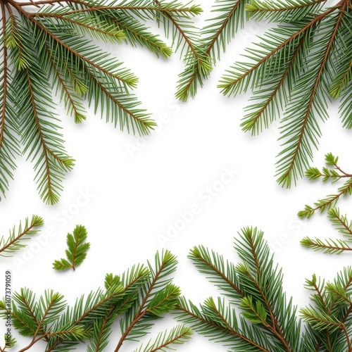 Adorable arranged background with different kinds of fresh green isolated conifer leaves fir branches on white can be used as template frame christmas isolated