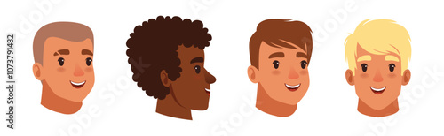 Man Smiling Face Head with Different Hairstyle Vector Set