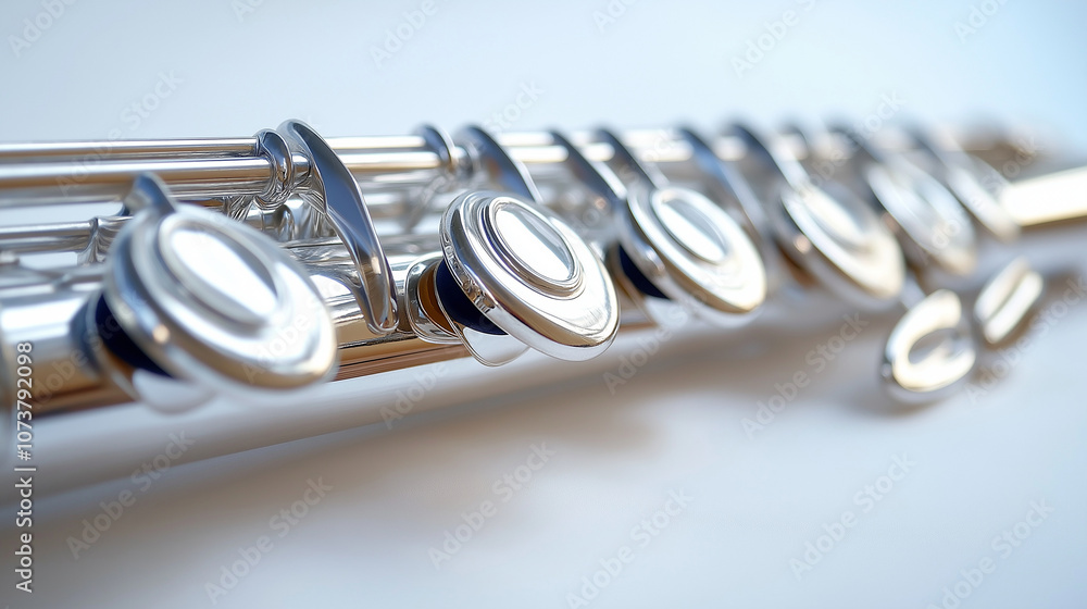 A sleek silver flute with detailed keys, lying horizontally on a white background A sleek silver flute with detailed keys, lying horizontally on a white background