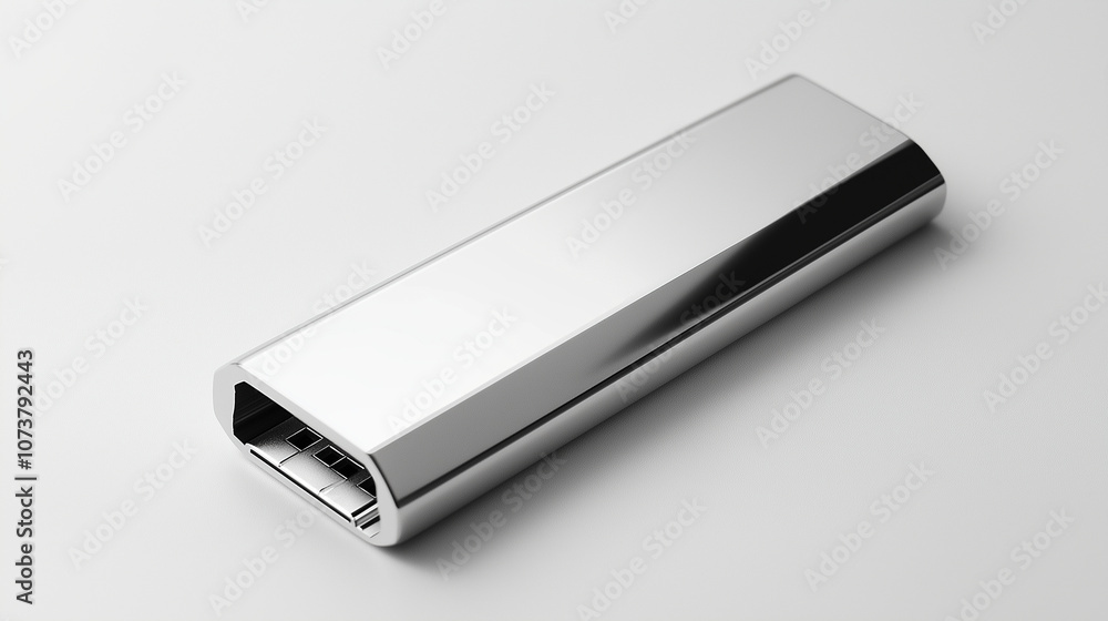 A sleek silver USB flash drive, lying flat on a white background A sleek silver USB flash drive, lying flat on a white background