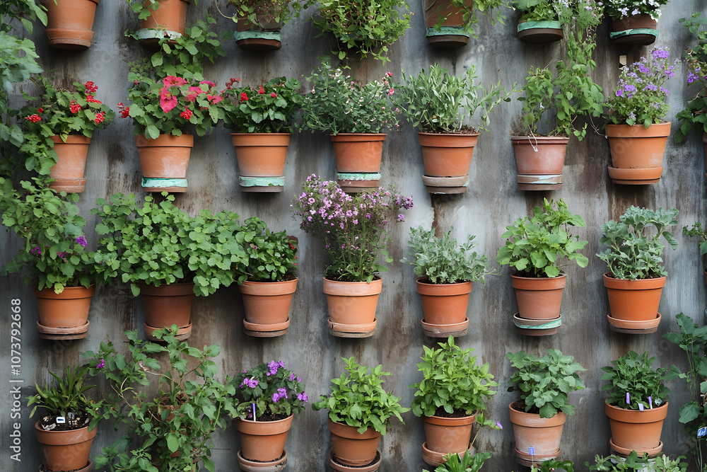 Vertical garden with terracotta pots filled with vibrant flowers and lush green plants, creating a stunning wall for outdoor spaces, gardening enthusiasts, and eco-friendly designs Vertical garden with terracotta pots filled with vibrant flowers and lush green plants, creating a stunning wall for outdoor spaces, gardening enthusiasts, and eco-friendly designs