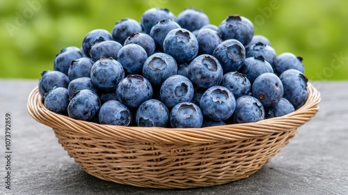 Fresh Blueberries in Wicker Basket on Natural Background