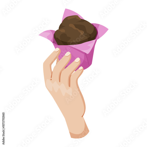 A hand presenting a muffin wrapped in pink paper on a plain background. Vector illustration