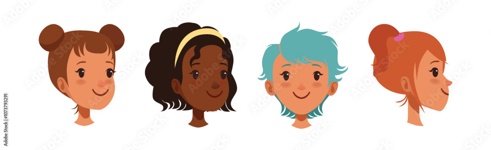 Teen Girl Smiling Face Head with Different Hairstyle Vector Set Teen Girl Smiling Face Head with Different Hairstyle Vector Set