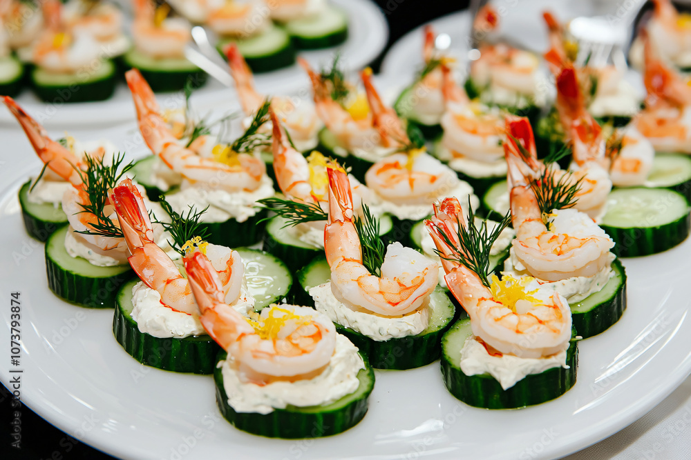 fresh shrimp and cucumber canapés with lemon zest and dill garnish fresh shrimp and cucumber canapés with lemon zest and dill garnish