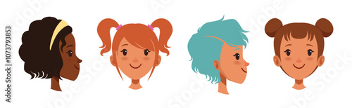 Teen Girl Smiling Face Head with Different Hairstyle Vector Set