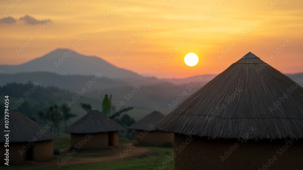 Sunset Over Traditional Huts in Rural Landscape Sunset Over Traditional Huts in Rural Landscape