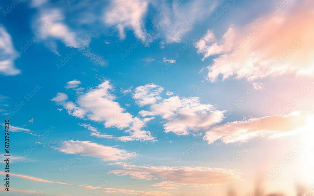 Obraz premium Sky's Canvas: A serene and vibrant sky painted with delicate wisps of clouds, bathed in the golden hues of a setting sun, creating a breathtaking and peaceful backdrop. 