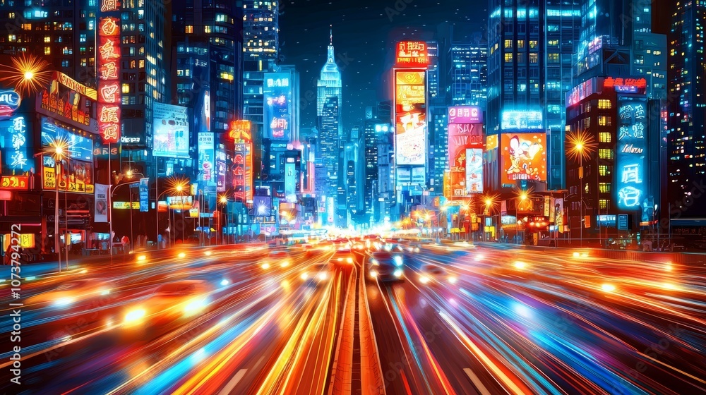 Vibrant City Road Illuminated by Neon Signs at Night Vibrant City Road Illuminated by Neon Signs at Night