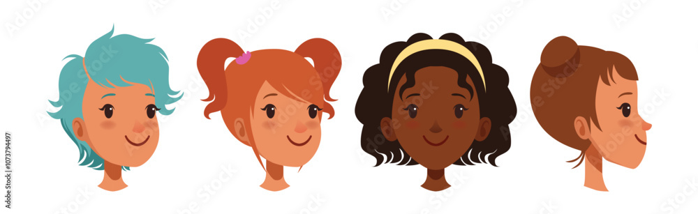 Teen Girl Smiling Face Head with Different Hairstyle Vector Set Teen Girl Smiling Face Head with Different Hairstyle Vector Set