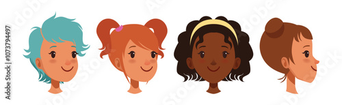 Teen Girl Smiling Face Head with Different Hairstyle Vector Set