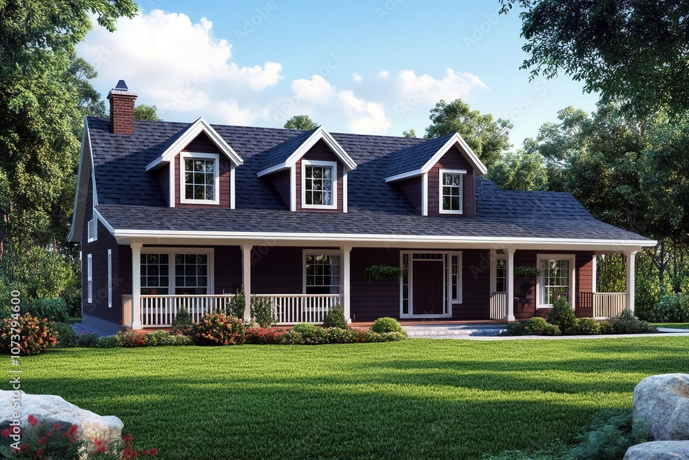 Charming country-style house with a wraparound porch, set in a lush green yard with trees and flowers, under a bright blue sky Charming country-style house with a wraparound porch, set in a lush green yard with trees and flowers, under a bright blue sky