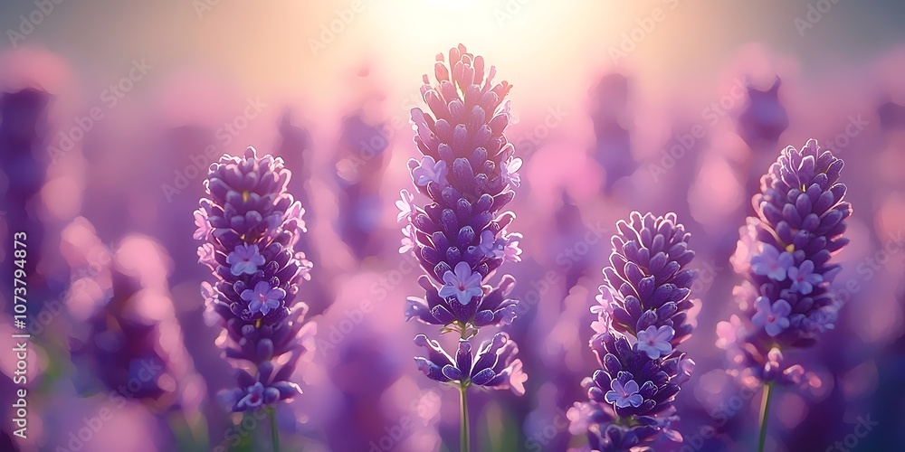 Obraz premium A serene field of lavender flowers bathed in soft sunlight, creating a tranquil and dreamy atmosphere with vibrant purple hues and delicate blooms.