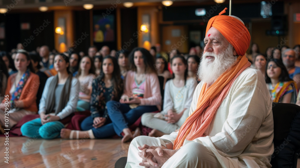 An elderly man wearing an orange turban and traditional clothing sits calmly among a captivated audience An elderly man wearing an orange turban and traditional clothing sits calmly among a captivated audience
