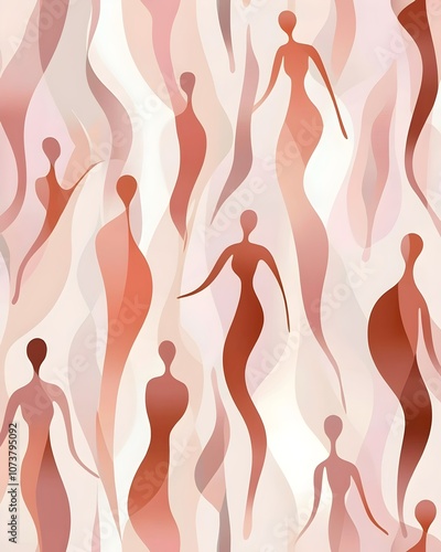 A captivating abstract design featuring flowing silhouettes of women in gentle shades of peach and coral, creating a harmonious and elegant pattern.