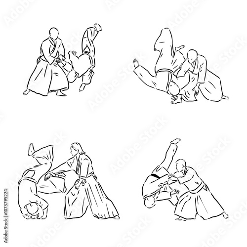 Aikido combat between athletes, stylized vector illustration