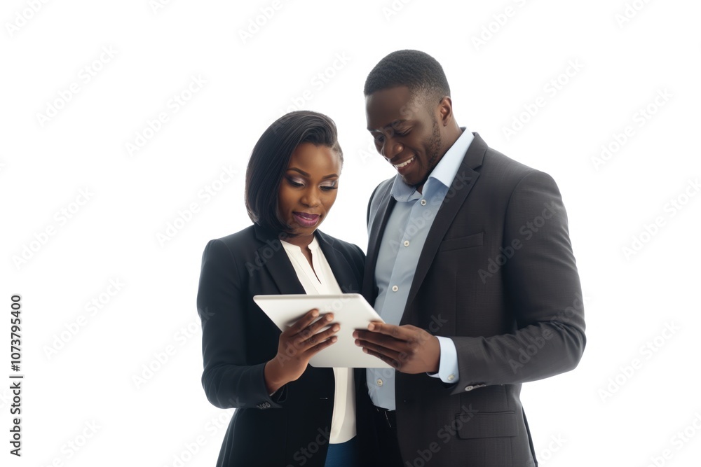 African American couple standing together, using a tablet in a corporate setting, isolated against a clean white background African American couple standing together, using a tablet in a corporate setting, isolated against a clean white background