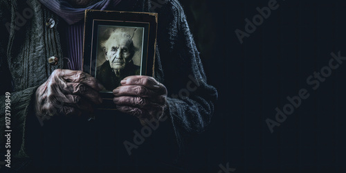 An elderly individual stands in a dimly lit room, holding a framed black and white photo of a past loved one. photo