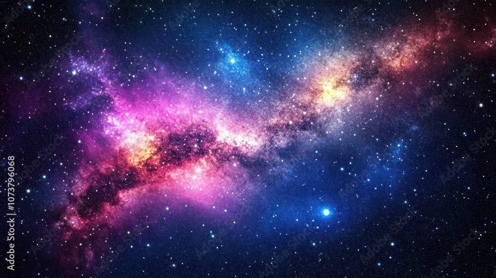 Obraz premium A vibrant nebula, swirling with pink, yellow, and blue hues, against a backdrop of countless twinkling stars.