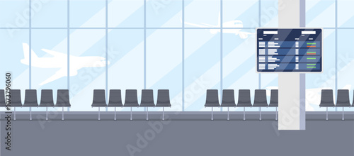 Airport waiting area featuring seating and a flight display board. Vector illustration