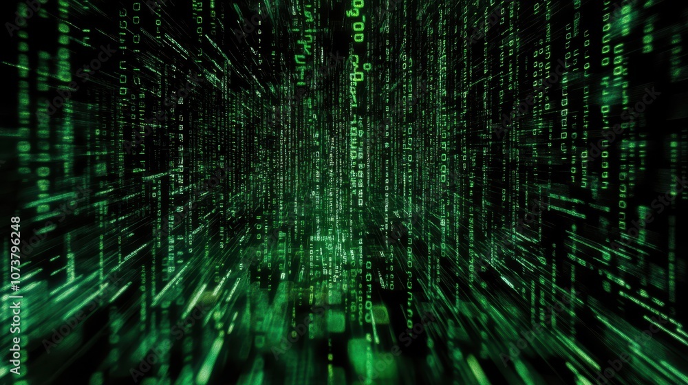 Abstract digital background with green code cascading down a black screen. Abstract digital background with green code cascading down a black screen.