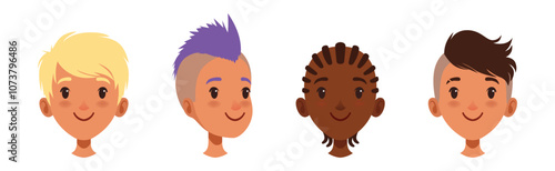 Teen Boy Smiling Face Head with Different Hairstyle Vector Set