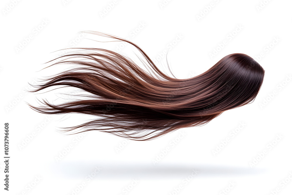Shiny, smooth, flowing brown hair strands isolated on white background, perfect for hair care product promotions, beauty industry visuals, and advertising campaigns Shiny, smooth, flowing brown hair strands isolated on white background, perfect for hair care product promotions, beauty industry visuals, and advertising campaigns