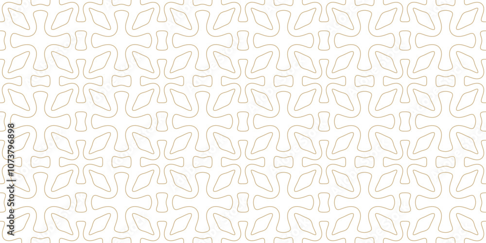 Vector golden geometric ornamental seamless pattern. Abstract texture with flower silhouettes, leaves, crosses, grid, outline shapes, repeat tiles. Simple gold and white background. Luxury geo design Vector golden geometric ornamental seamless pattern. Abstract texture with flower silhouettes, leaves, crosses, grid, outline shapes, repeat tiles. Simple gold and white background. Luxury geo design