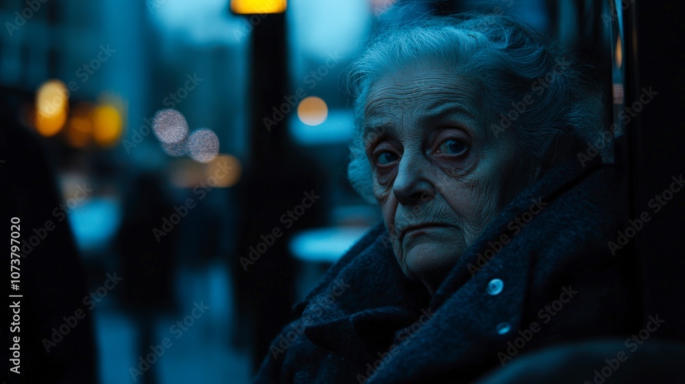 An elderly woman gazes pensively in a dimly lit urban setting, capturing a sense of solitude and reflection, This image can be used in discussions about aging, loneliness, or urban life, An elderly woman gazes pensively in a dimly lit urban setting, capturing a sense of solitude and reflection, This image can be used in discussions about aging, loneliness, or urban life,