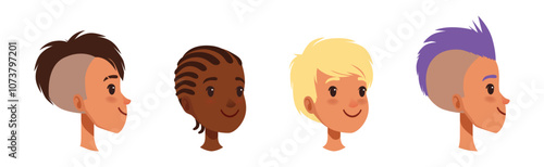 Teen Boy Smiling Face Head with Different Hairstyle Vector Set