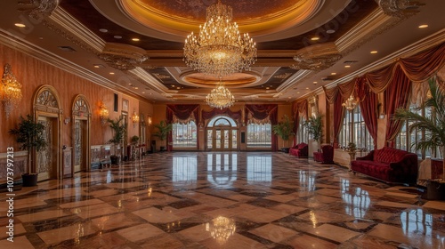 Grand ballroom with ornate chandeliers and plush red velvet seating.