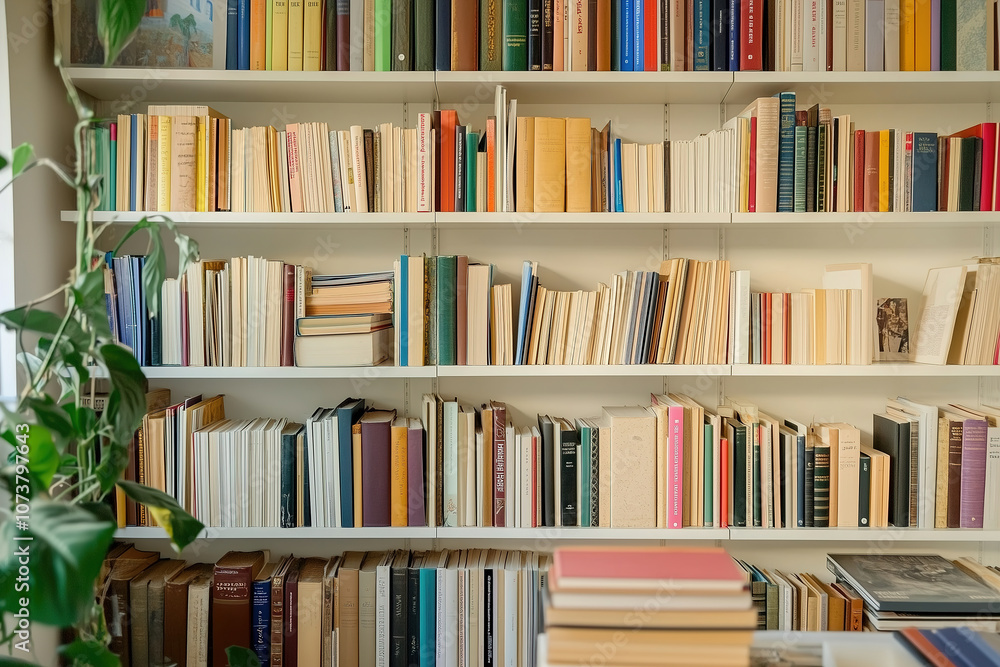 A cozy library filled with various books on a shelf, surrounded by greenery in a warm and inviting reading space. Generative AI A cozy library filled with various books on a shelf, surrounded by greenery in a warm and inviting reading space. Generative AI