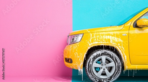 Bright Yellow Car in a Wash with Colorful Background