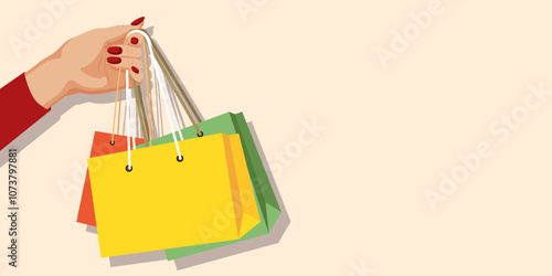 A hand gripping colorful shopping bags on a pastel background. Vector illustration