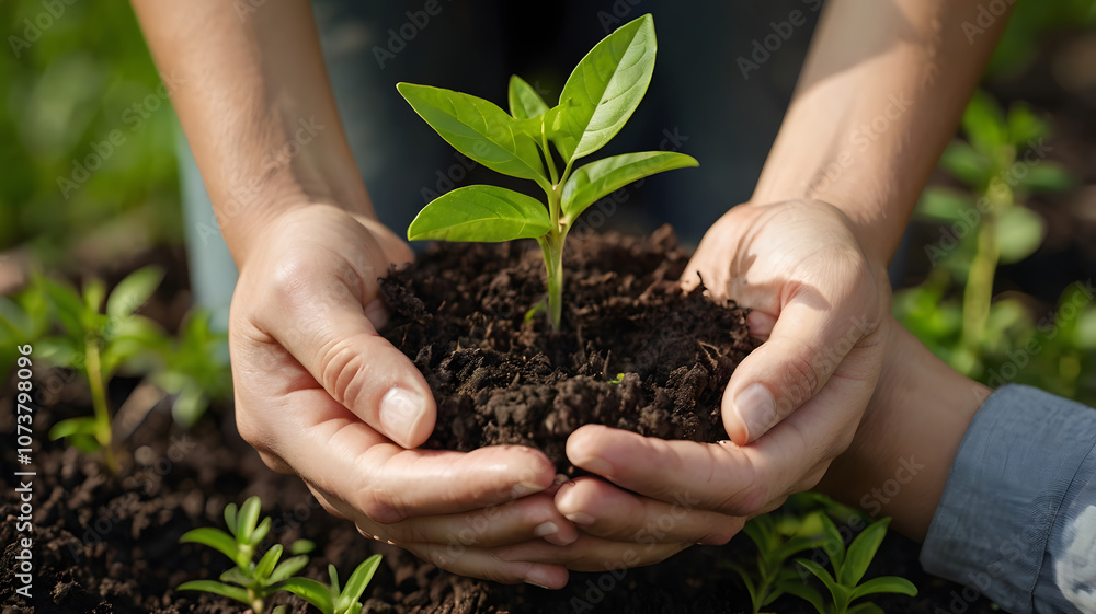 Fototapeta premium Nurturing New Beginnings: A pair of hands carefully cradle a tender green sapling, symbolizing growth, hope, and the promise of a sustainable future.