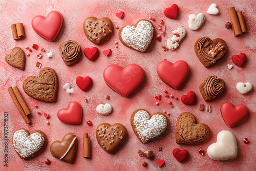 Delicious heart-shaped cookies arranged on a pink background, perfect for celebrations and special occasions. Generative AI