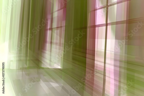 An abstract representation of light and space, showcasing soft green and pink hues blending together through layered window panes, creating a serene and ethereal atmosphere.