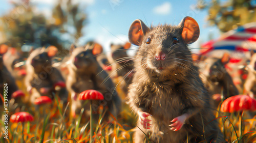 A group of curious rats gathers in a dry field, focused on the camera, with a blurred American flag in the background.

 photo