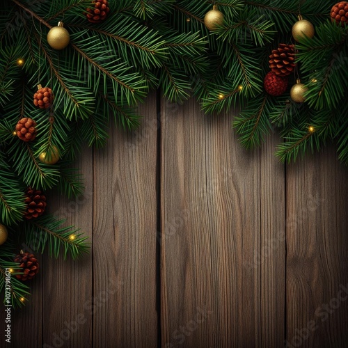 Spruce branches on wooden background frame christmas isolated