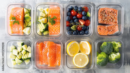 Colorful meal preparation featuring portions of salmon, cucumber, broccoli, and assorted fruits neatly organized in clear containers.