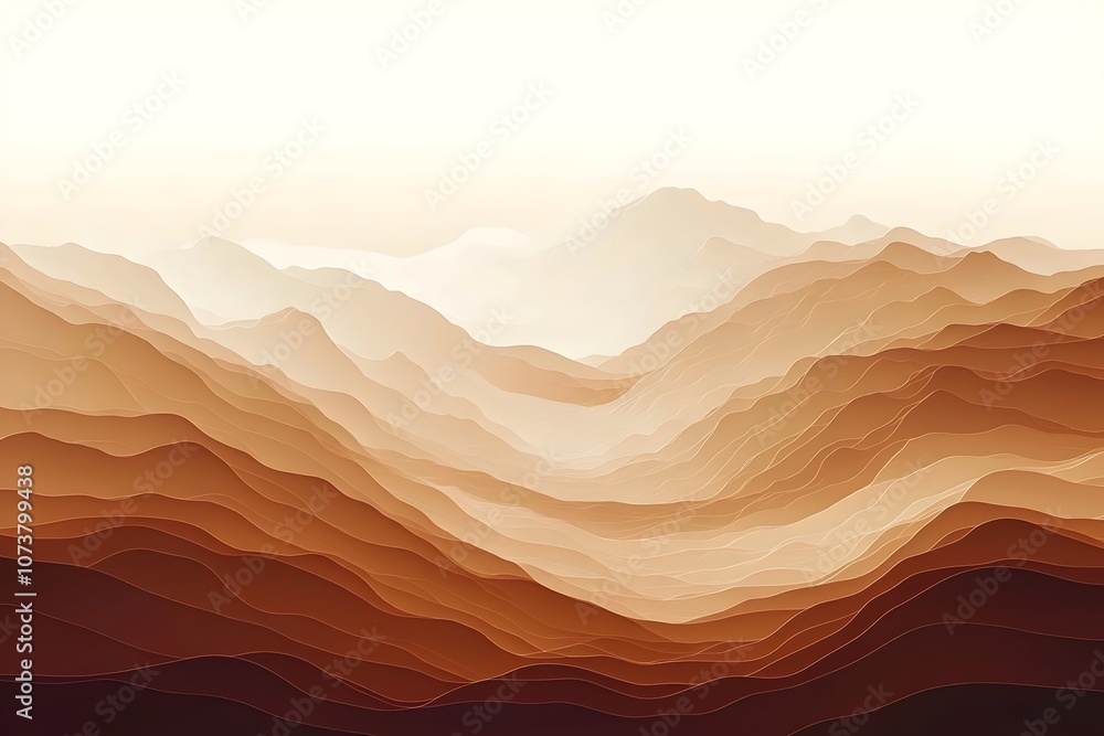 Naklejka premium A serene abstract landscape featuring rolling mountains in various shades of beige and brown, creating a tranquil and harmonious atmosphere.