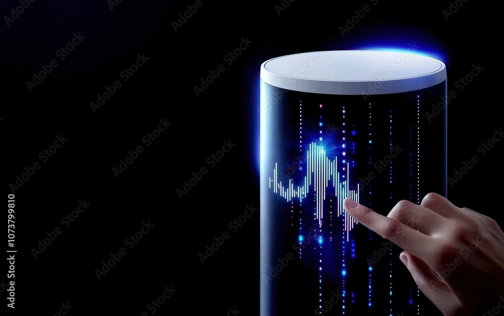 A close-up view of a person interacting with a futuristic digital display, showcasing vibrant soundwaves and data visualization in a dark setting. A close-up view of a person interacting with a futuristic digital display, showcasing vibrant soundwaves and data visualization in a dark setting.