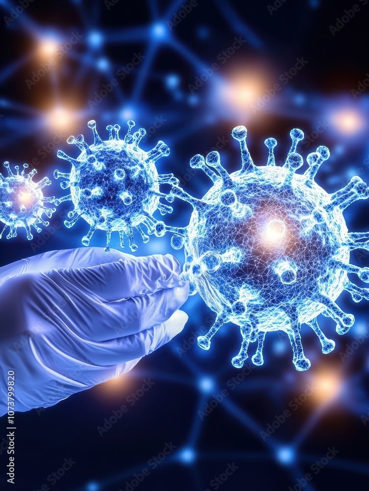 A close-up view of a scientist's hand manipulating a stylized representation of a virus, highlighting advanced research in molecular biology. A close-up view of a scientist's hand manipulating a stylized representation of a virus, highlighting advanced research in molecular biology.