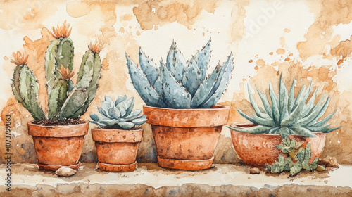 Whimsical watercolor cacti and succulents, desert plants in terracotta pots photo