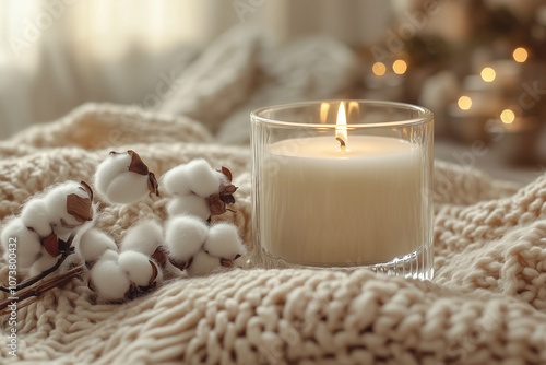 Cozy White Candle with Cotton Flowers and Soft Bokeh Background – Tranquil Home Decor Scene
