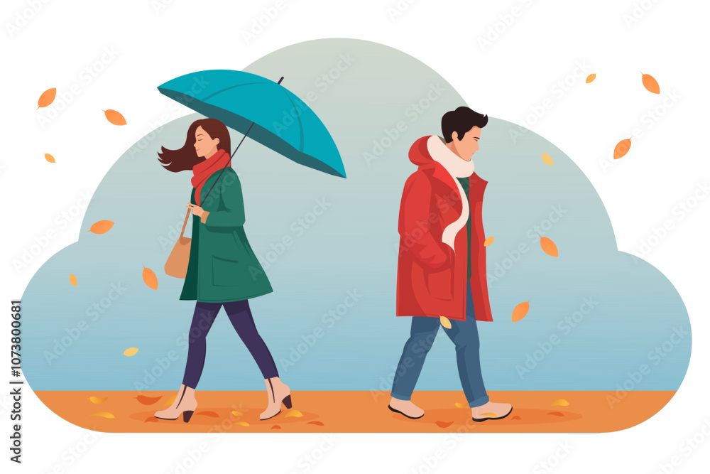 A couple walks in autumn, one with an umbrella. Modern graphic style. Soft background. Concept of seasonal change. Vector illustration