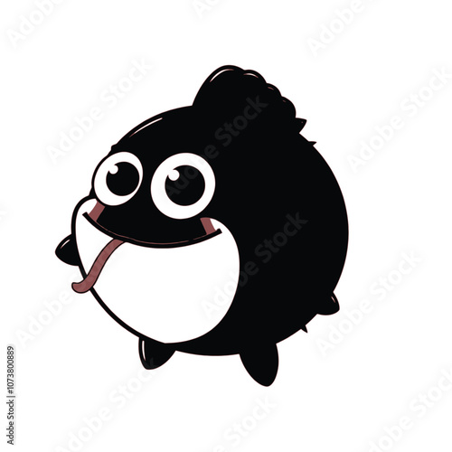 a cartoon illustration of a black pufferfish with big, round eyes and a red tongue sticking out