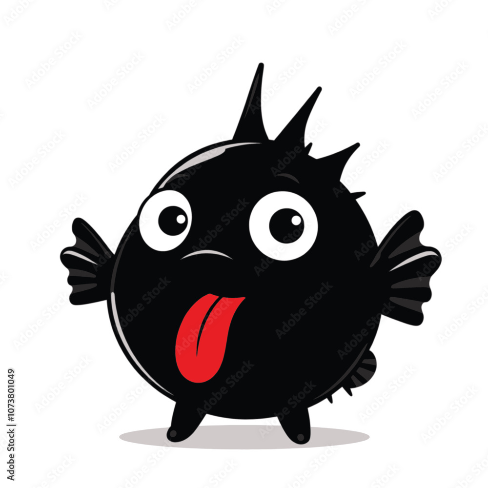 Fototapeta premium a cartoon illustration of a black pufferfish with big, round eyes and a red tongue sticking out
